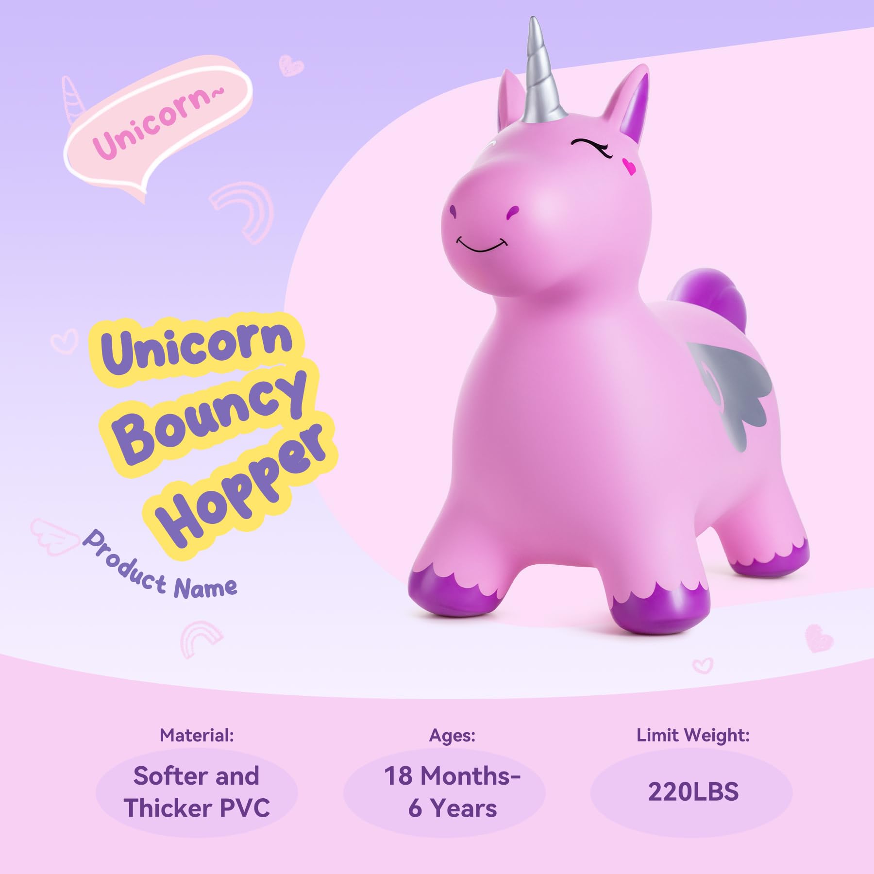 ZOOJOY Unicorn Bouncy Hopper, Inflatable Bouncy Horse Hopping Toys for Toddlers, Indoor Outdoor Bounce and Ride On Bouncer Boys Girls, Birthday Gifts for 18 Months 2 3 4 5 6 Year Old with Pump