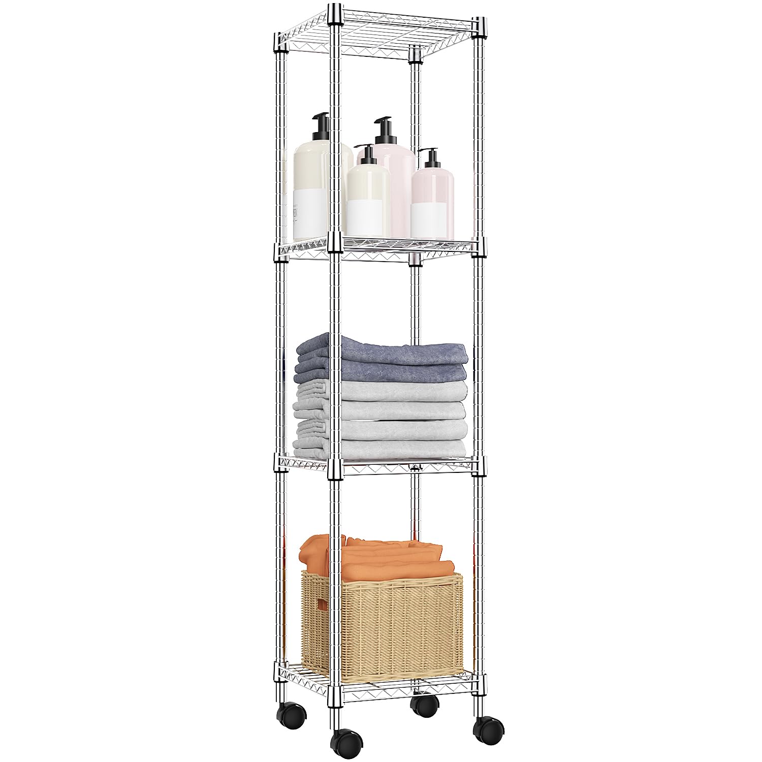 M MZG Storage Shelves Adjustable, 4 Tier Shelving Units for Storage with Wheels, Corrosion Resistant Wire Shelving Unit for Kitchen Closet Bathroom Office, Chrome 30x30x120.2cm — image 1
