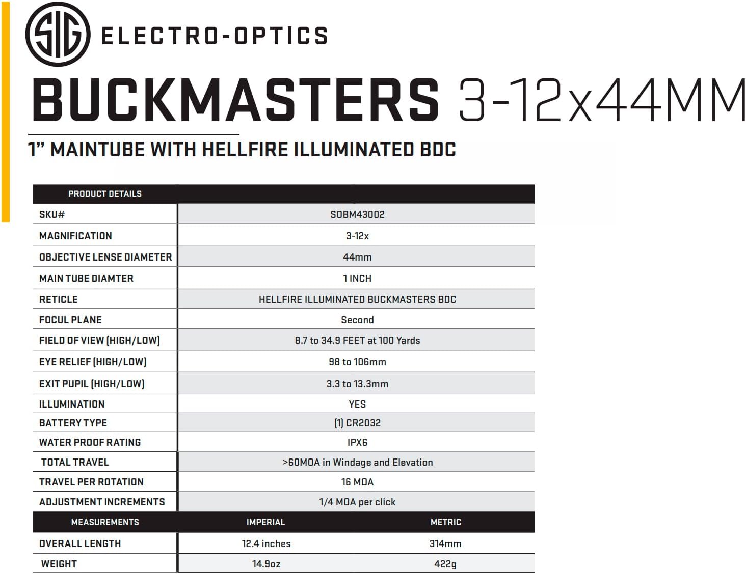 SIG SAUER Buckmasters 3-12x44mm 1" Tube Second Focal Plane/SFP/F2 Durable Shockproof Waterproof Fogproof Black Riflescope