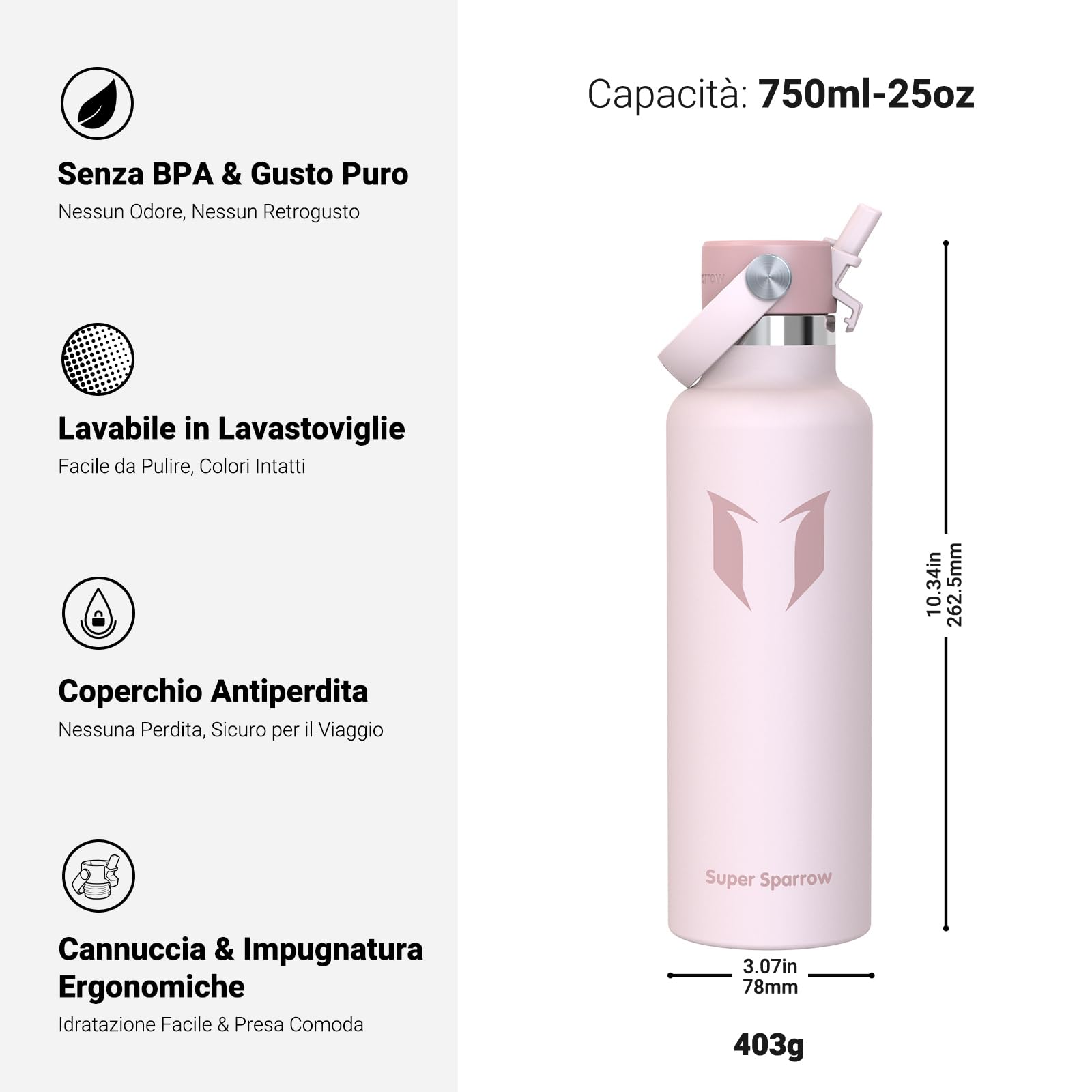 Super Sparrow Borraccia Termica, Acciaio Inox Bottiglia Termica - 350ml, 500ml, 750ml, 1L, 1.2L - Senza BPA Borracce, Borraccia Bambini per Scuola, Sport, Campeggio, Yoga, Palestra, Ciclismo