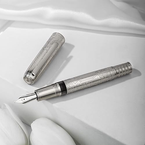 Miniatura 8 de Hongdian - Pluma estilográfica de acero plateado 100, caligrafía de punta extra fina de iridio, bolígrafos de escritura suaves, bonito bolígrafo de