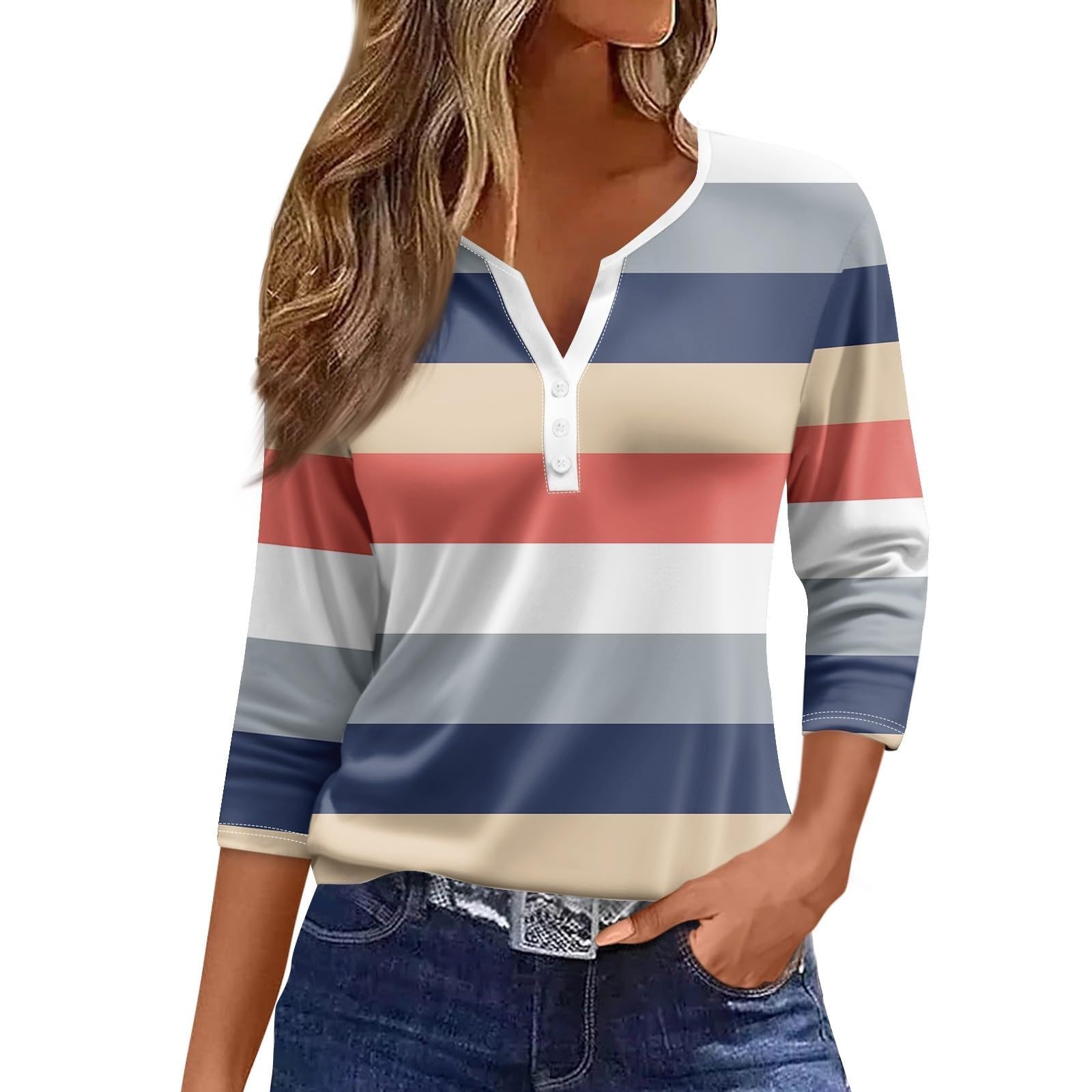 GenericWomens 3/4 Sleeve Striped Tops Ladies Trendy Henley Neck Shirts Button Down Blouses for Women