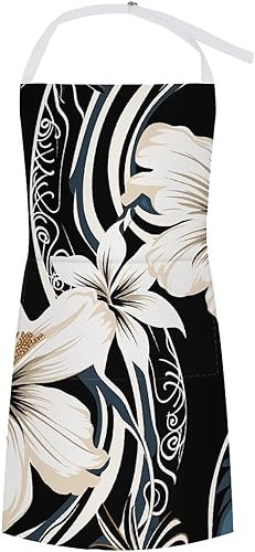 Delantal de flores hawaianas en blanco y negro con bolsillos grandes, impermeable y resistente a las manchas para cocinar, asar a la parrilla y