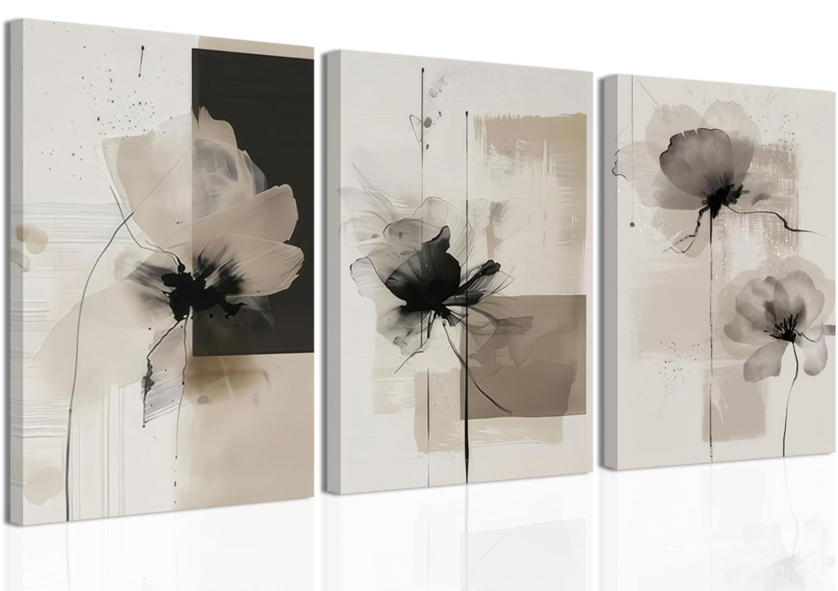 Neutral Abstract Floral Canvas Wall Art Modern Large Minimalist Wall Decor Contemporary Beige Black Flower Posters Prints Picture for Living Room Bedroom Bathroom Office 16x24 In Framed