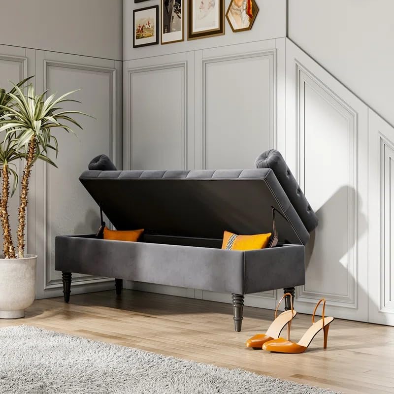 Image of LEGACY OF COMFORT Ethelsville Bolester with Storage Velvet Upholstered Storage Bench Sofa Bench Sofa couches Window Bench Ottoman Bench Chaise Lounger Pouffe for Living Room Bedroom Office (Grey)