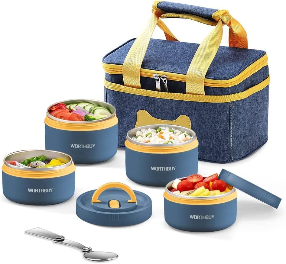Juego de contenedores de almuerzo portátiles aislados, caja Bento para adultos, con bolsa de almuerzo aislada, 4 contenedores térmicos apilables