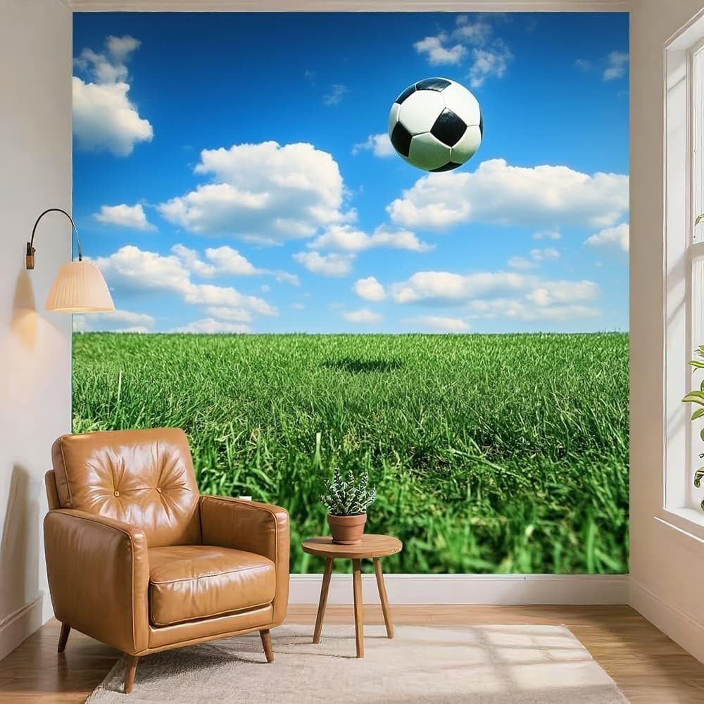 Włóknina, fototapeta premium, 400 x 280 cm, motyw boiska piłkarskiego, bez pozostałości, usuwalne wodoodporne naklejki, sztuka, tapeta, niebieska, do przedszkola, klasy, kuchni, biura, sofy, tło