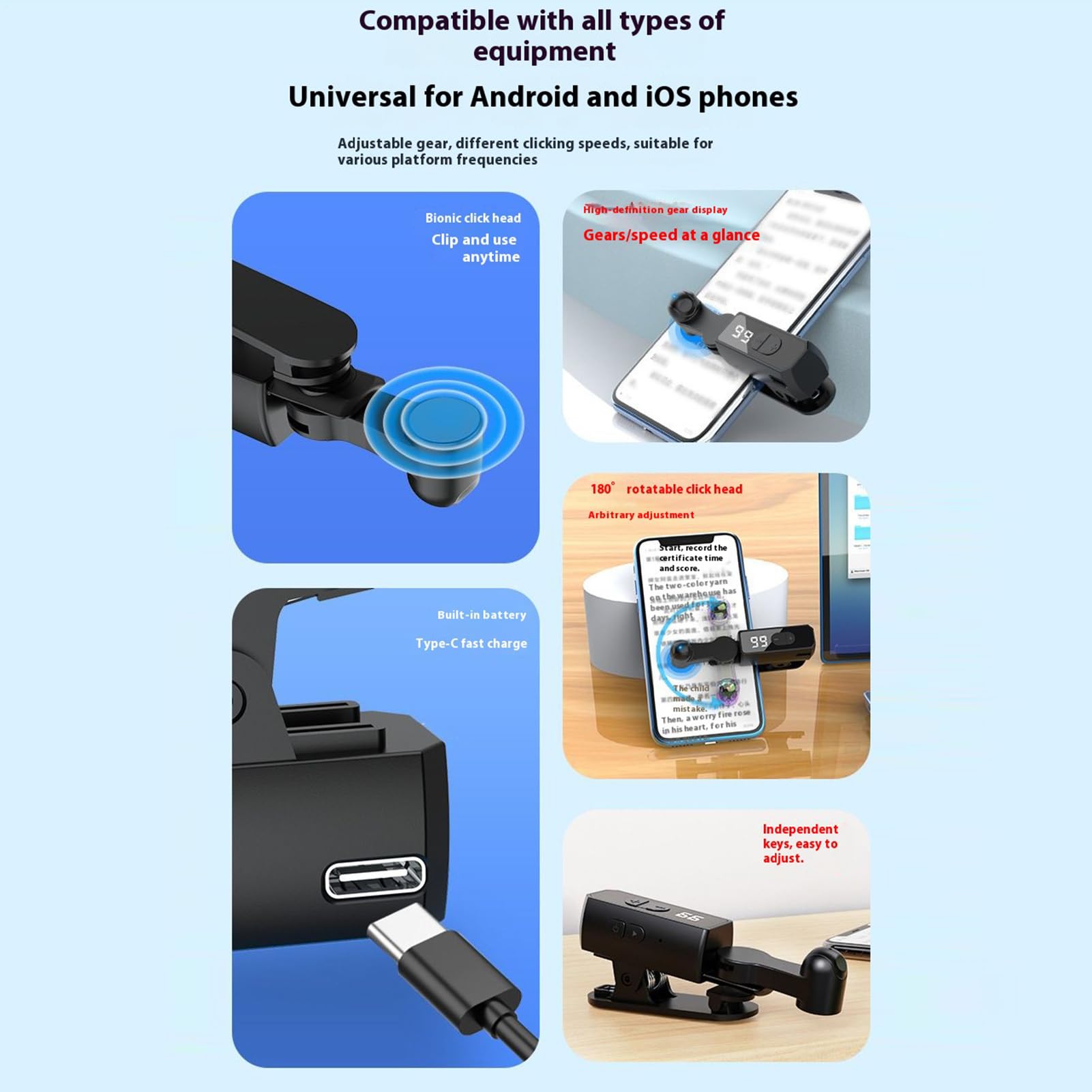 Clicker Automatique pour téléphone Portable – Tapper d'écran Automatique pour Smartphone, Doigt de Simulation réglable à 107 Vitesses pour Les diffusions en Direct, Les tâches de récompense
