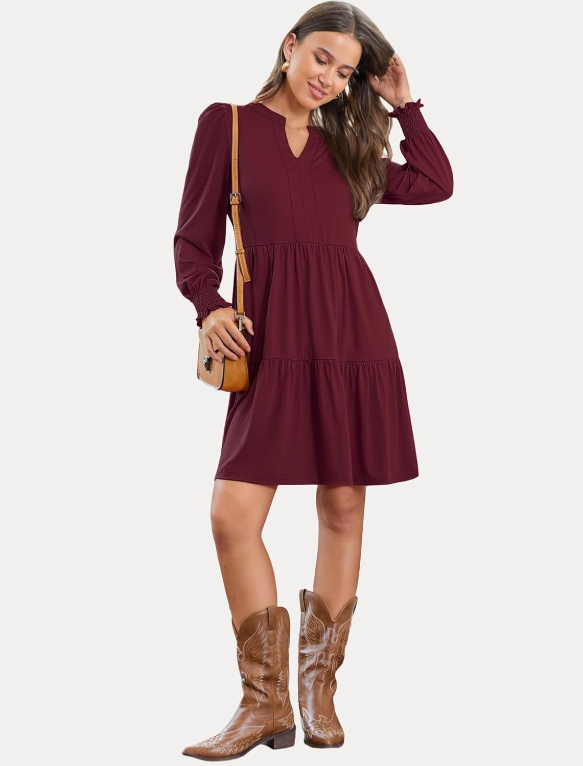 Spring Dresses for Women 2026 Casual V Neck Long Sleeve A Line Midi Dress Ruffle Flowy with Pockets - Image 3