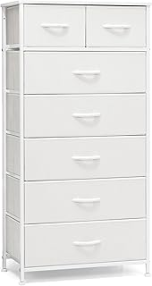 Crestlive Products Vertical Dresser Storage Tower - Sturdy Steel Frame, Wood Top, Easy Pull Fabric Bins, Handles - Organizer Unit for Bedroom, Hallway, Entryway, Closets - 7 Drawers (White)