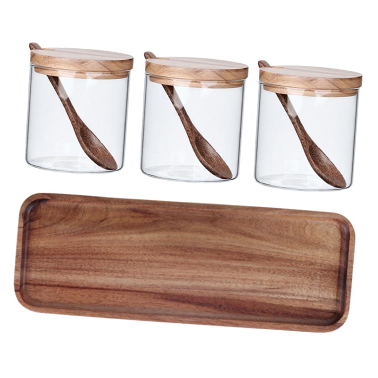 SHINEOFI Glas Gewürzglas mit Holzdeckel Löffel und Tablett Klare Aufbewahrungsgläser für Küche Multifunktionale Gewürzdosen für Salz Zucker und Gewürze Stilvolles Küchenzubehör