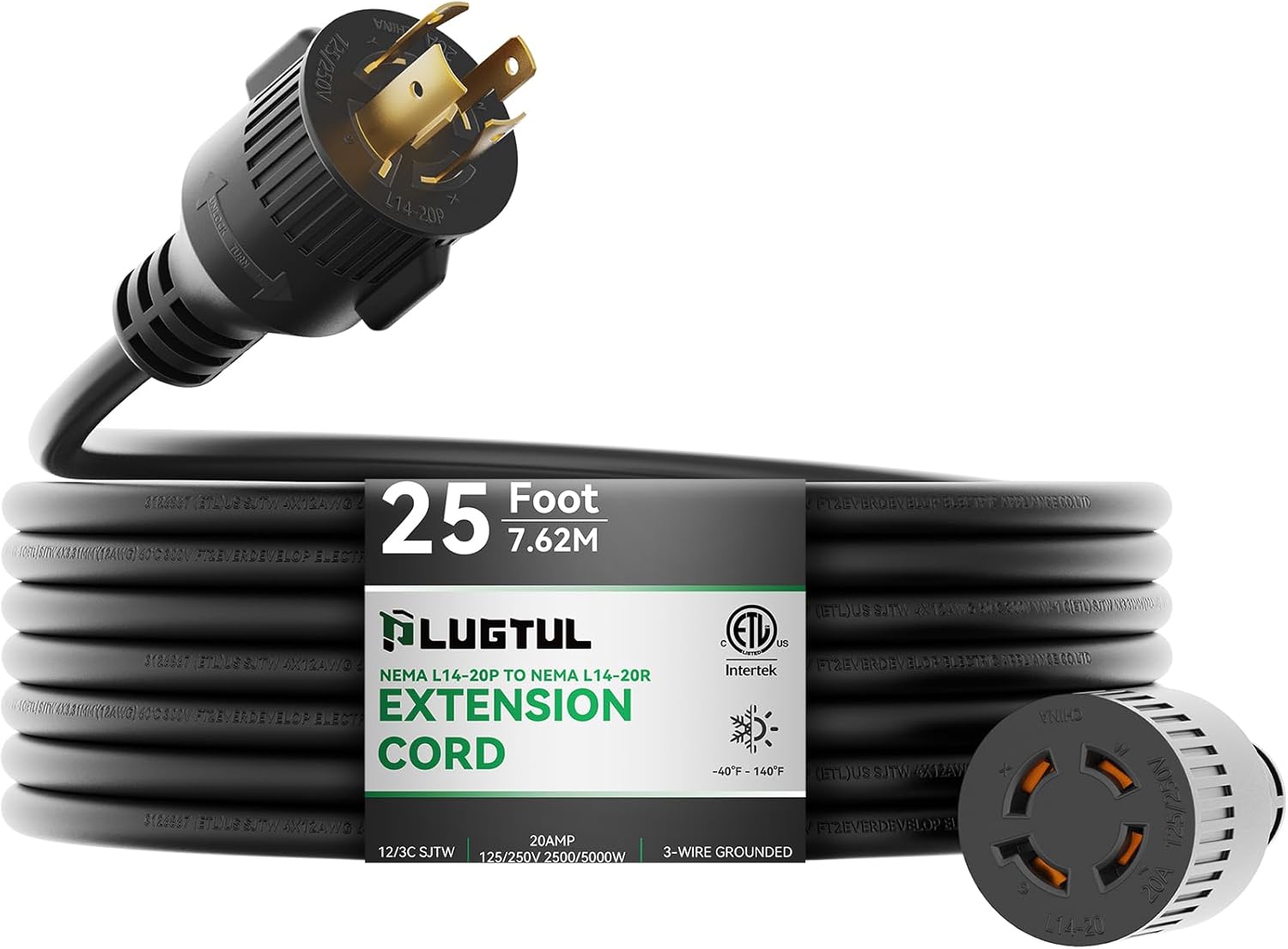 PLUGTUL 4 Prong 20 Amp Extension Cord 25FT, NEMA L14-20 Generator Extension Cord, 12 Gauge SJTW, 125/250Volts, 20Amp, 2500/5000W, ETL Listed, Black