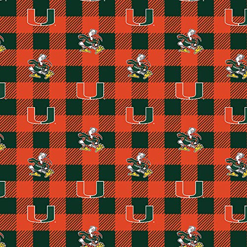 sykel enterprises university of miami fleece blanket fabric-miami hurricanes fleece fabric with buffalo plaid design