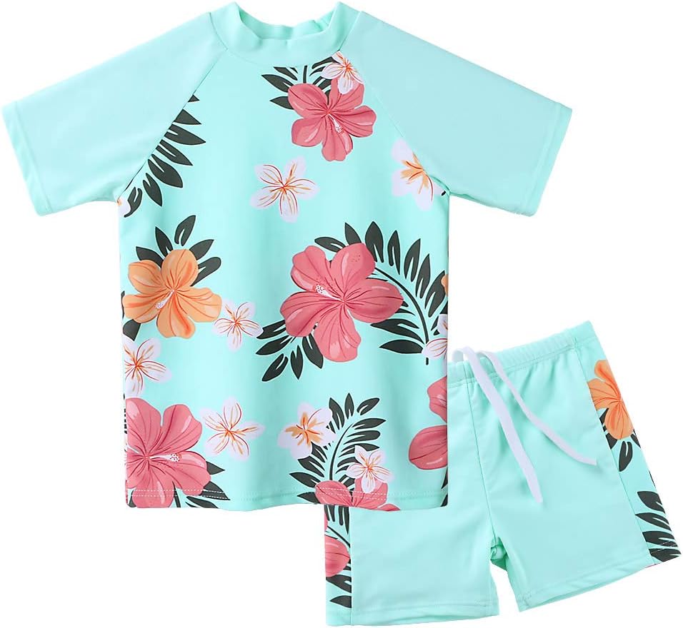 Girls Two Piece Swimsuit Floral UPF 50+ Rash Guard Set Kids Beach Swimwear