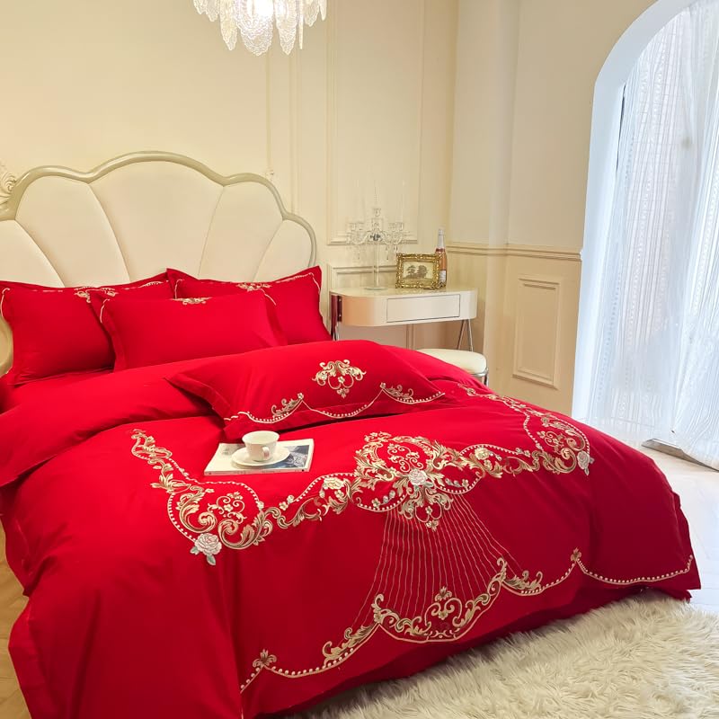 Image of JJ's Imported Skin Friendly Pure Washed Cotton Heavy & Beautifully Embroidered Wedding Style 5 Pcs King Size Double Bed Luxury Bridal Bedding Set with Heavy Comforter /Quilt (RED 1)