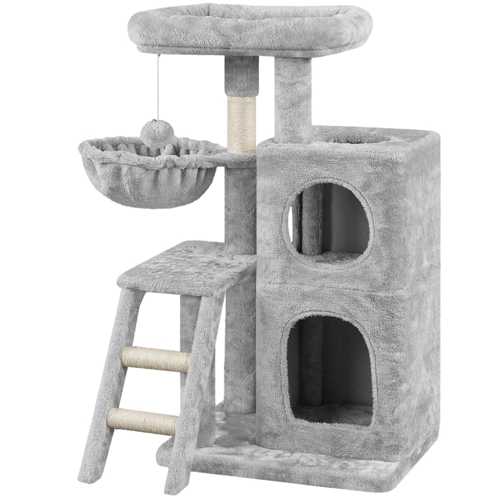 Albero per Gatti Tiragraffi Multilivello con Piattaforma Condominio a Due Livelli Doppio Cestino Scala per Gatti Piccola Media Taglia Grigio chiaro
