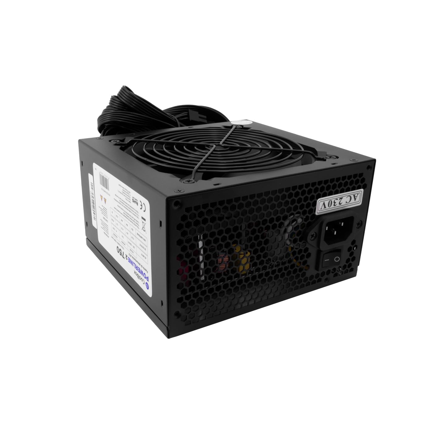 CoolBox PowerLine2 750 - Fuente de Alimentación PC 750W, 85% de Eficiencia, Ventilador 120mm Silencioso Termorregulado, Cables Planos 50cm, 12V Single Rail, PFC Activo, Negro