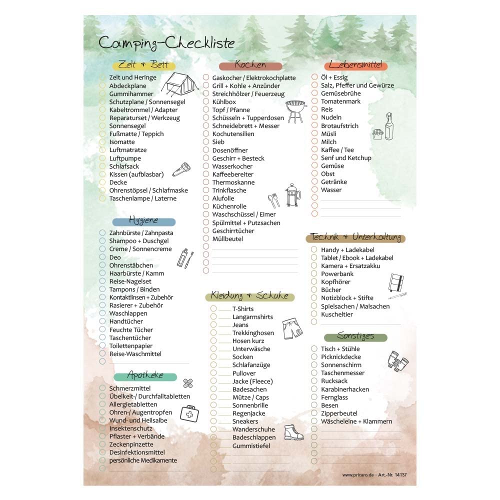 PRICARO Camping-Checkliste Natur, A4, 25 Blatt, 3 Stck : Amazon.de:  Brobedarf & Schreibwaren