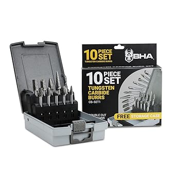 BHA Tungsten Carbide Burr Die Grinder Rotary Tool Bit Set for Metal Contouring and Deburring, Double Cut with 1/4? Shank - 10 Pieces
