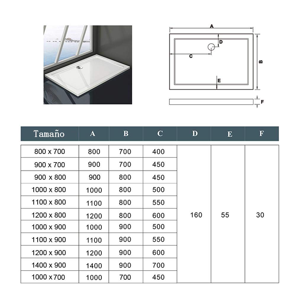 AICA SANITARIOS Plato de Ducha Rectangular 1000x700mm, Piedra Artificial con Recubrimiento Acrílico, Blanco