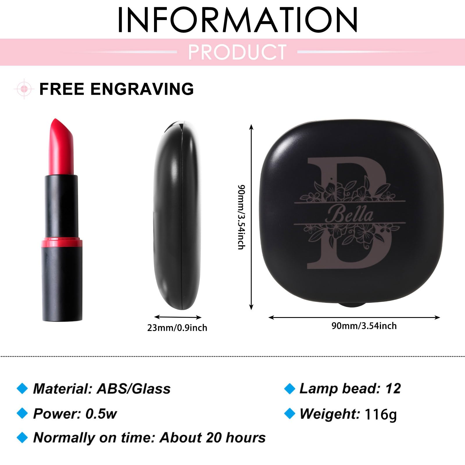 JFJEWER Personalized Compact Mirror for Purses, 1X/5X Magnification LED Compact Makeup Mirror, Small Compact Mirror with Light for Women Girls, Bridesmaid Gifts — Black