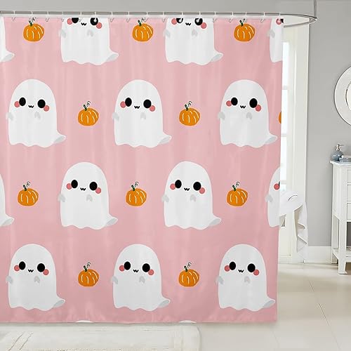 Cortina de ducha de Halloween de fantasmas de dibujos animados, cortina de baño gótica kawaii, decoración de calabaza de Halloween, farol de