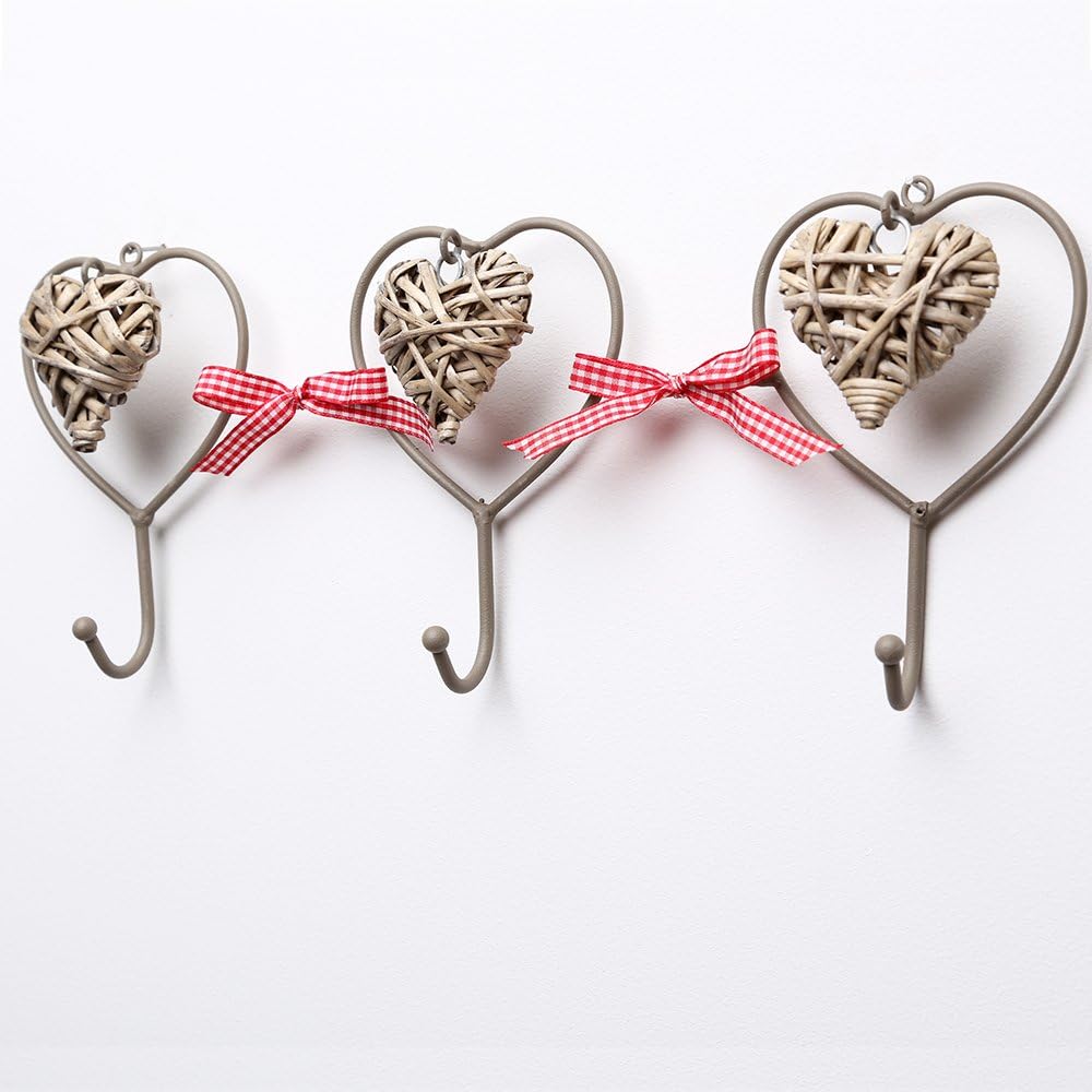 Triple Metal Heart Wall Hooks In Soft Grey With Hanging