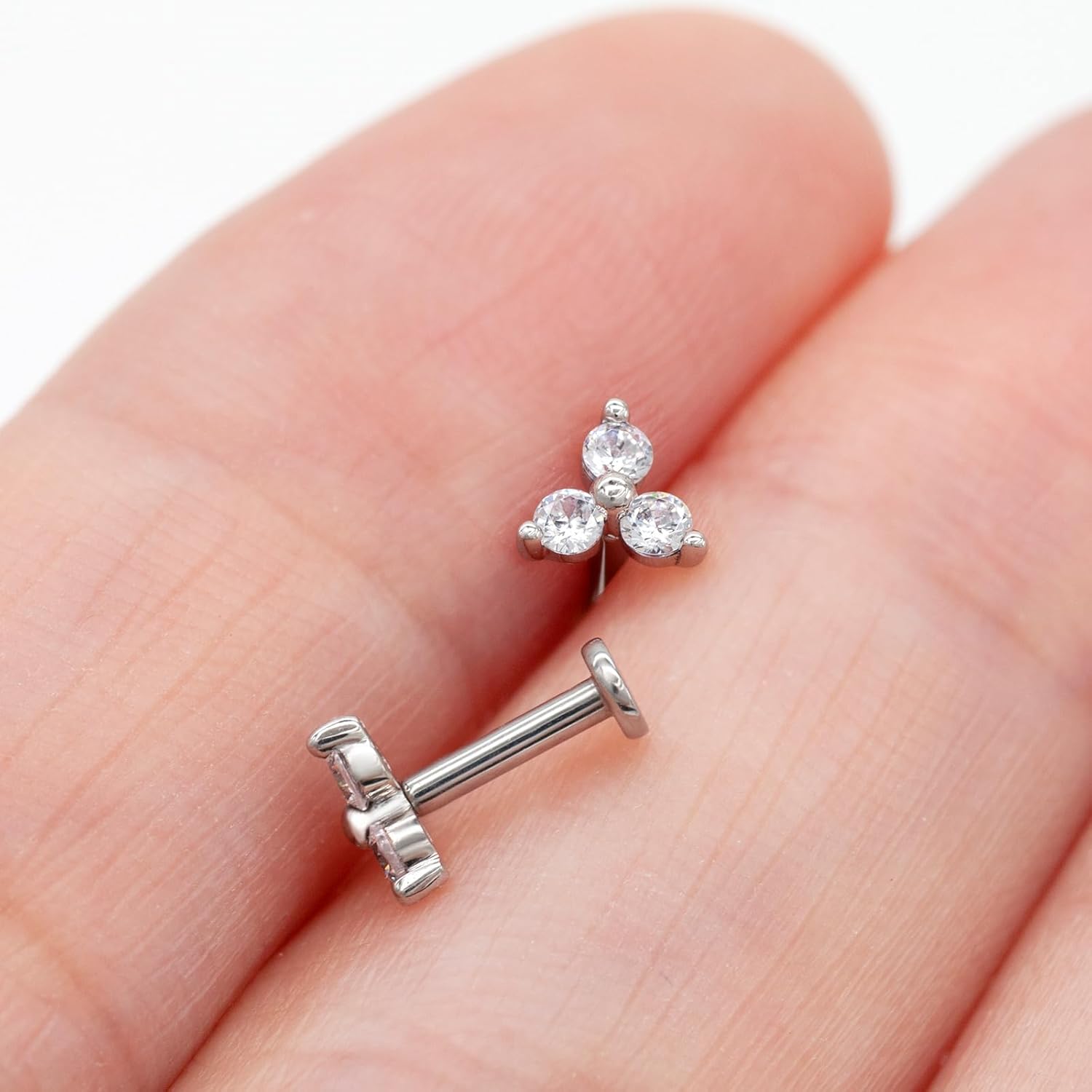 14K Yellow/White/Rose Gold Threadless Earring Top Push in 1 Pcs Triple Clear CZ Flat Back Nose Stud Threadless Cartilage Earring Helix Stud Tragus Piercing Jewelry for Women 6mm/8mm