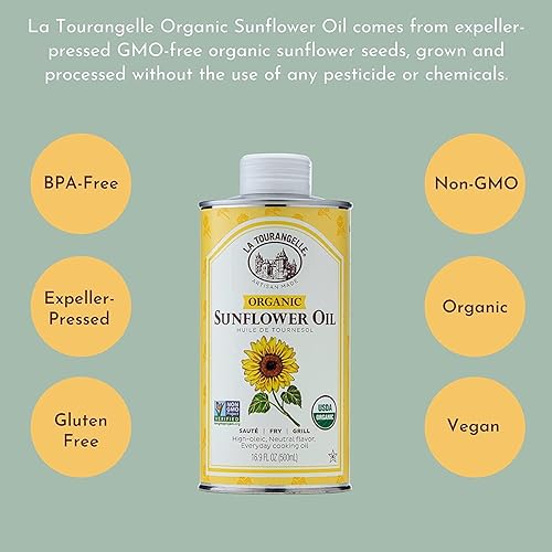 Miniatura 4 de La Tourangelle Aceite de girasol orgánico alto oleico aceite neutro para cocinar a calor medio a alto y cuidado de la piel sin OMG sin pesticidas ni