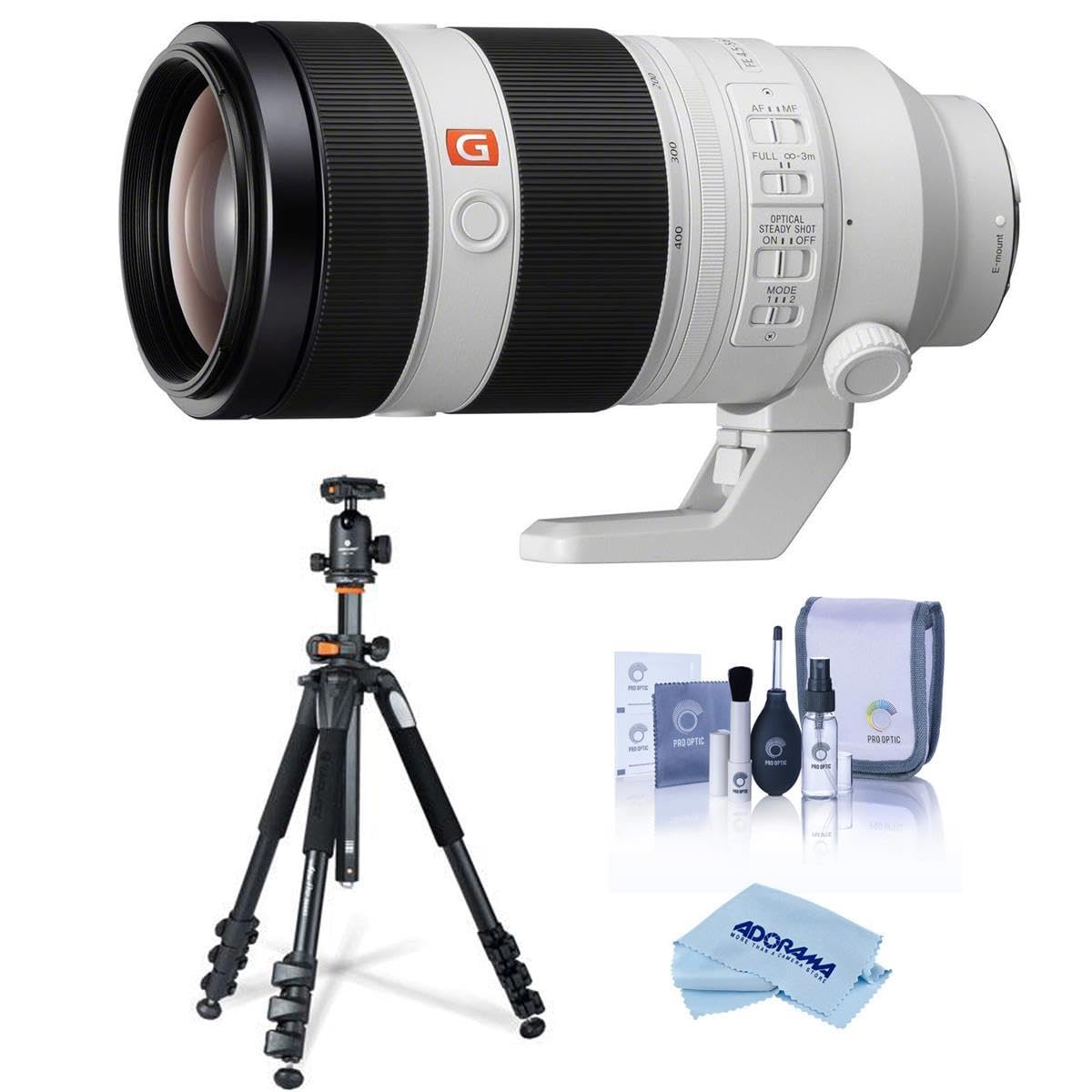 Sony FE 100-400mm f/4.5-5.6 GM OSS Lens for Sony E, Bundle with Takama 3-Section Aluminum Video Tripod with Fluid Head, Cleaning Kit, Cleaning Cloth