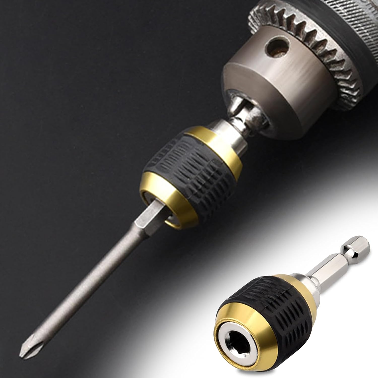 Quick-Release Hex Shank Bit Holder, Self-Locking Magnetic Drill Extension Rod for Electric Tools and Tight Spaces(Silver+Black)