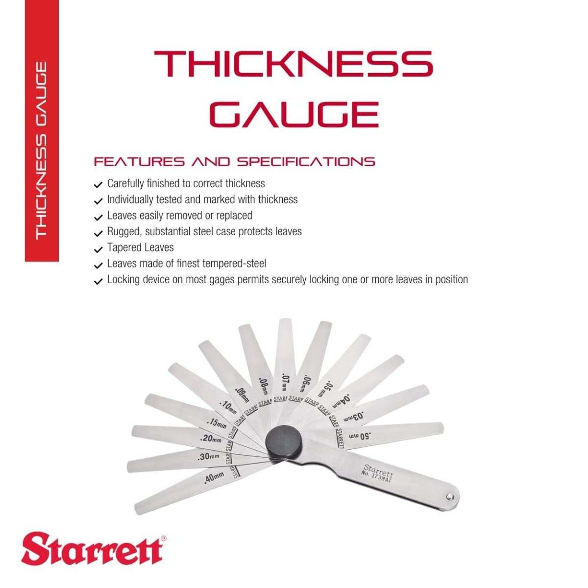 Starrett 173MAT Dickenmessgerät-Set mit konischen Flügeln, 0,03-0,50 mm Dicke, 77 mm Länge, 13 Blätter