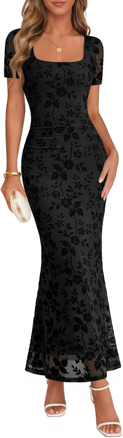 MEROKEETY Women Summer Floral Bodycon Maxi Dress 2026 Spring Wedding Guest Square Neck Short Sleeve Mesh Cocktail Party Dress