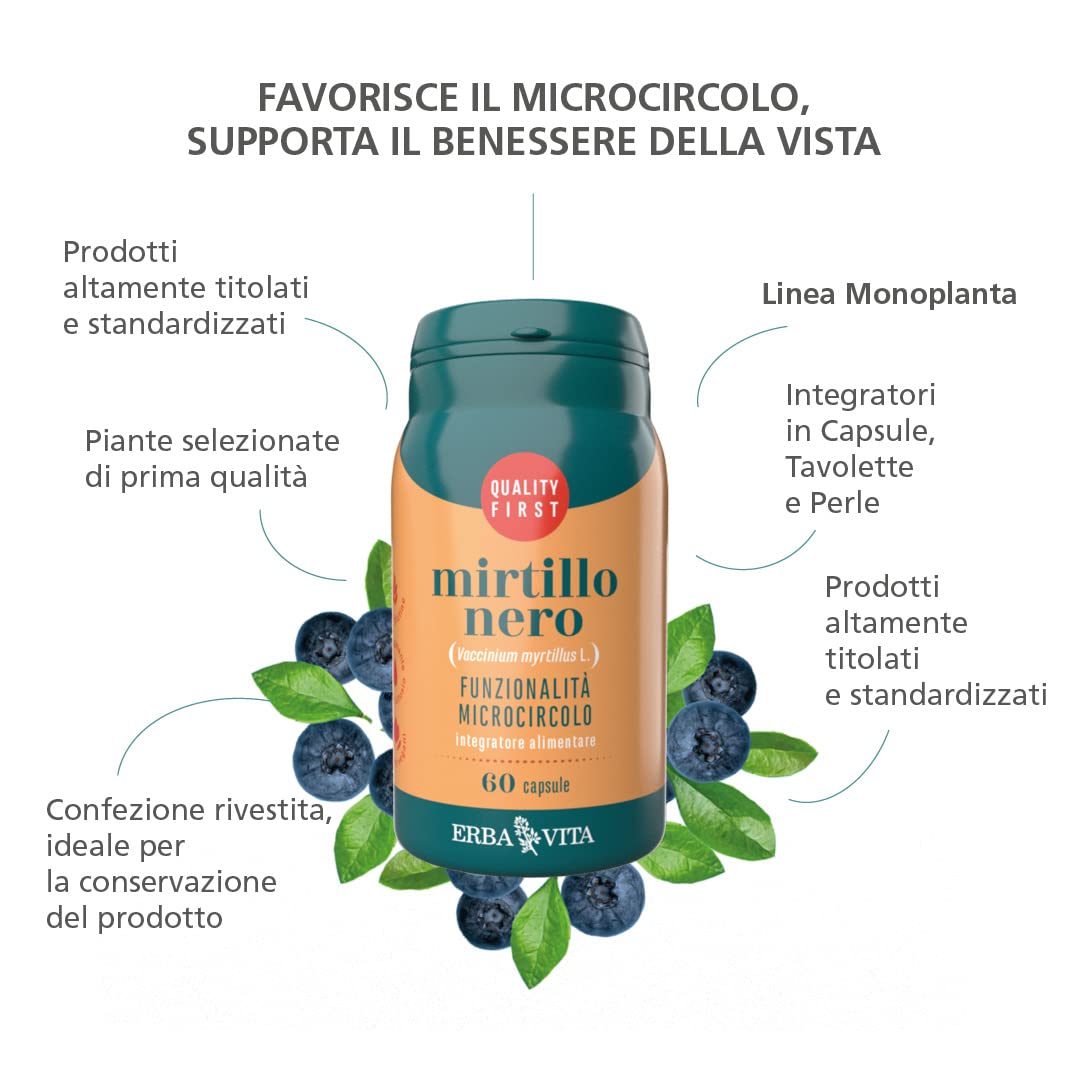 ERBA VITA Integratore Alimentare Di Mirtillo Nero - 60 Capsule - Fonte naturale di antocianosidi (Confezione da 2)