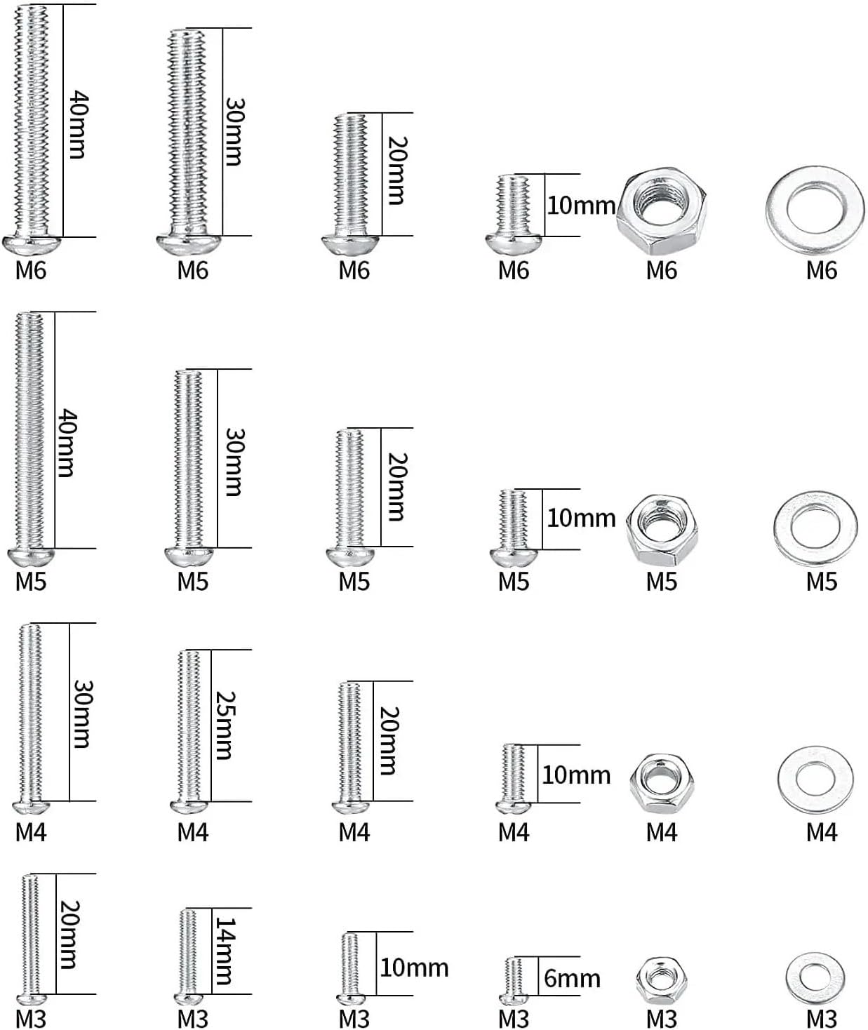1080個のネジボルトとナットと平ワッシャーの組み合わせキット、メートル法、M3/M4/M5/M6クロススロットヘッド六角とセット