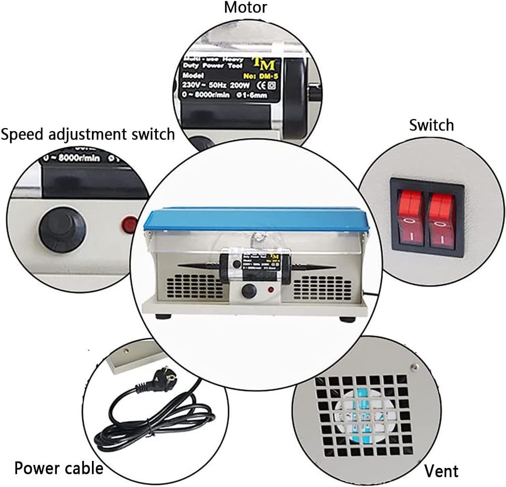 200W Jewelry Polishing Buffing Machine Dust Collector with Light Table Top,8000Rpm Speed Jewelry Buffer Polisher for Jewelry Metal Manufacturing and Maintenance