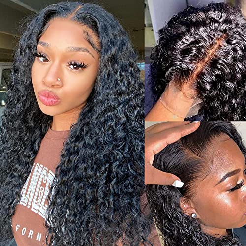 Image of Glueless Water Wave Lace Front Wigs Human Hair for Women 180 Density Unprocessed Brazilian Virgin Human Hair Wigs with Baby Hair Pre Plucked Natural Hairline Wigs Deep Wave 13X4 Lace Frontal Wig