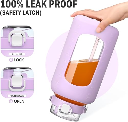 Miniatura 3 de BLUEGO Botella de agua de vidrio de 84 onzas con dos popotes y mango de acero inoxidable, botella de agua motivacional grande con funda de silicona,