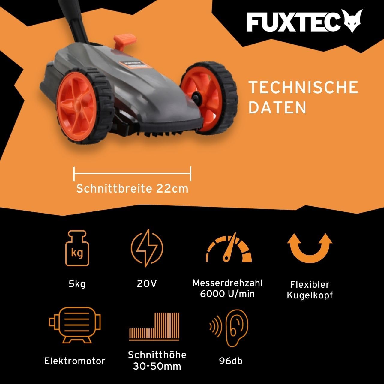 FUXTEC Akku Einhand-Rasenmäher FX-E1RMEH20, kompakter Gartenmäher mit 220mm Schnittbreite, 300W Leistung, 3-fache Schnitthöheneinstellung 30–50mm, Flexible Kugelkopfsteuerung