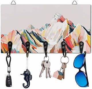 Key Holder for Wall Abstract Mountain Decorative Hanging Key Rack Wall Mount with 5 Hooks Color Art Painting Snow Mount Organizer Wall Decor for Entryway Front Door Kitchen 9.4x5in