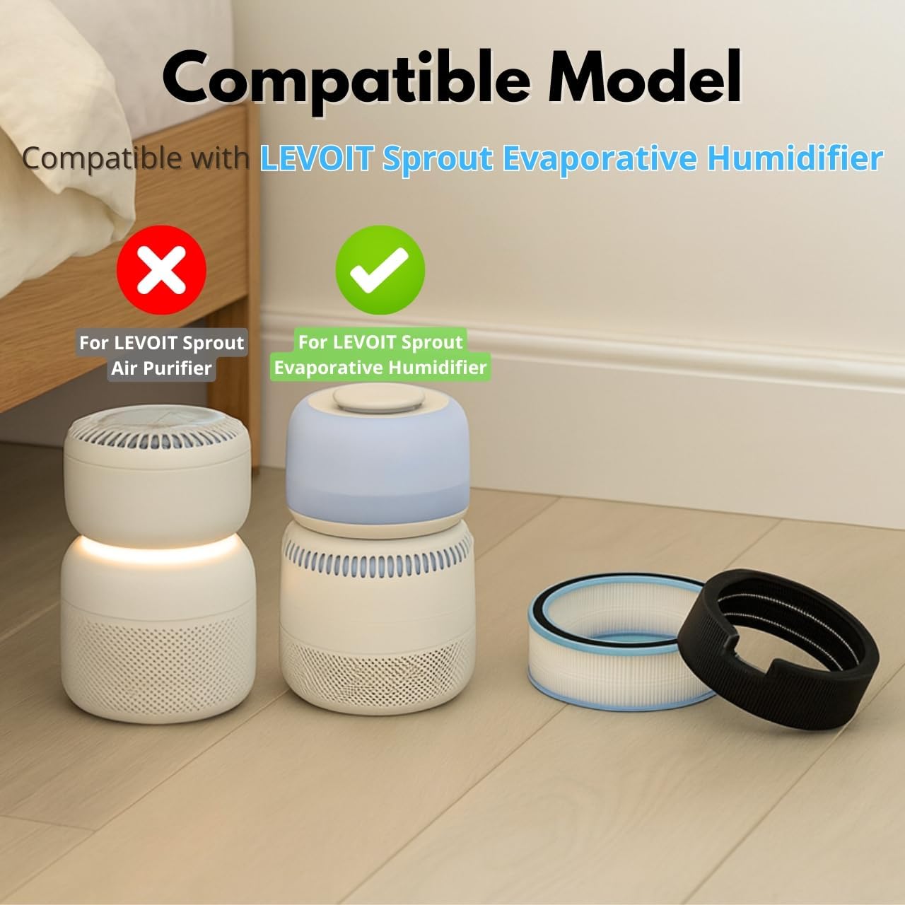 Nispira White Air Filter & Black Wick Replacement Filter Compatible with LEVOIT Sprout Evaporative Humidifier LEH-B381S, 1 Set