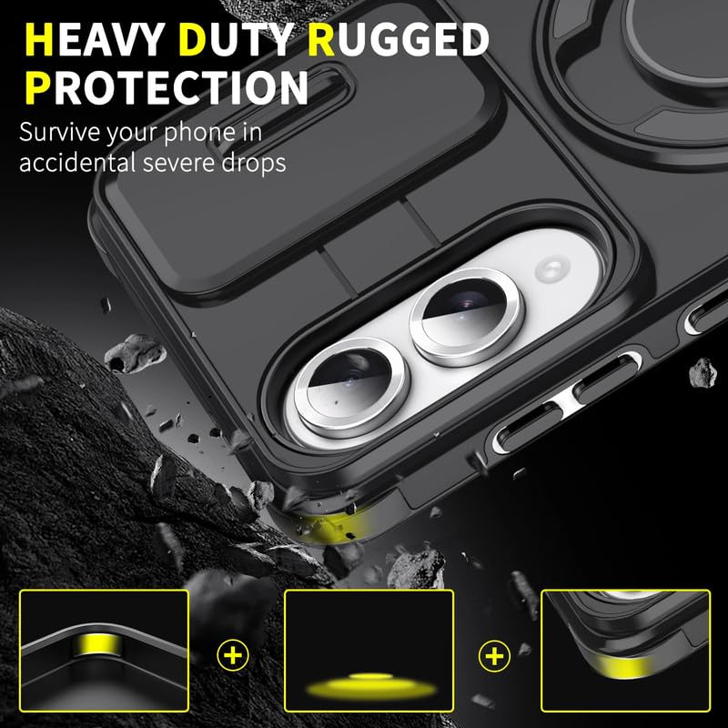 Image of LuxuryKase Shockproof Rugged Case for Samsung Galaxy S25 Edge | Slide Camera Cover | 360 Rotating Ring Kickstand | Military-Grade Protection - Matte Black