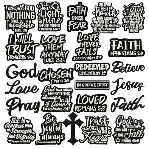 25 Pcs Black Christian Iron on Patches Bible Verse Embroidered Sew on Patches Motivational Religious Christian Applique for Hat Backpack Jacket Clothes DIY Accessories Decor
