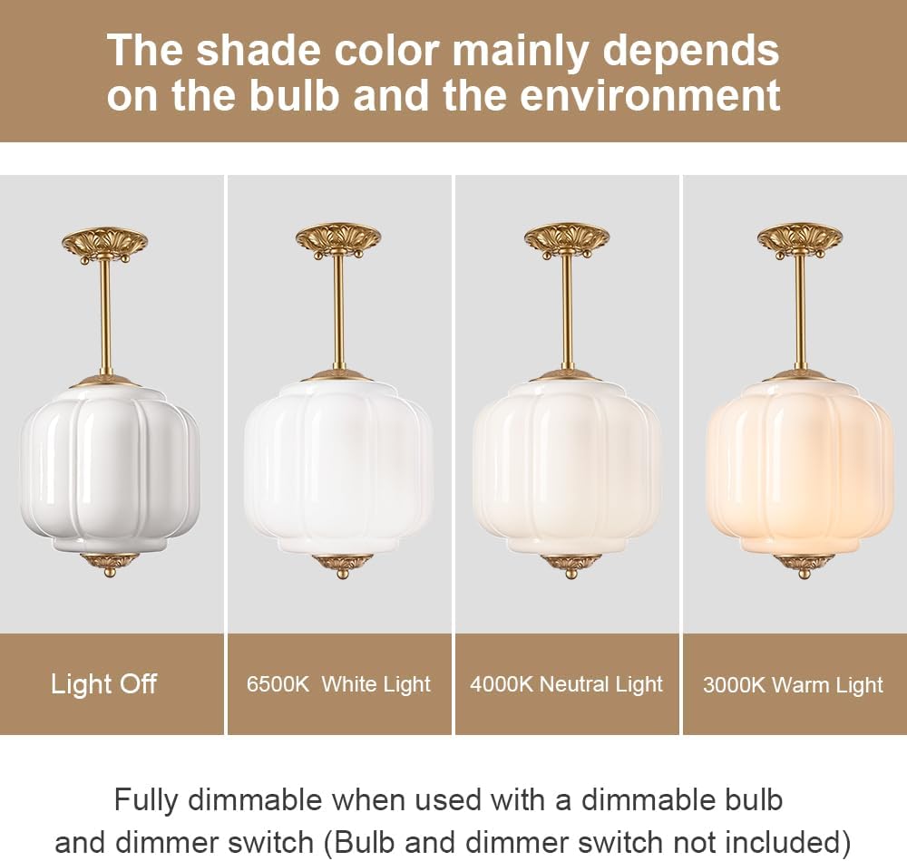 Vintage Milk Glass Ceiling Light Fixture, Antique White Semi Flush Mount Milk Glass Pendant Light, 9.8" Farmhouse Mid Century Ceiling Light for Kitchen Hallway Schoolhouse Dining Room Bedroom