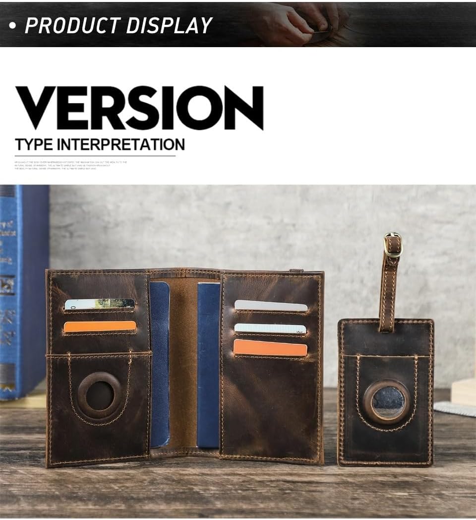 Unisex Genuine Leather Wallet Retro Crazy Horse Leather RFID Blocking Travel Passport Holder Slot