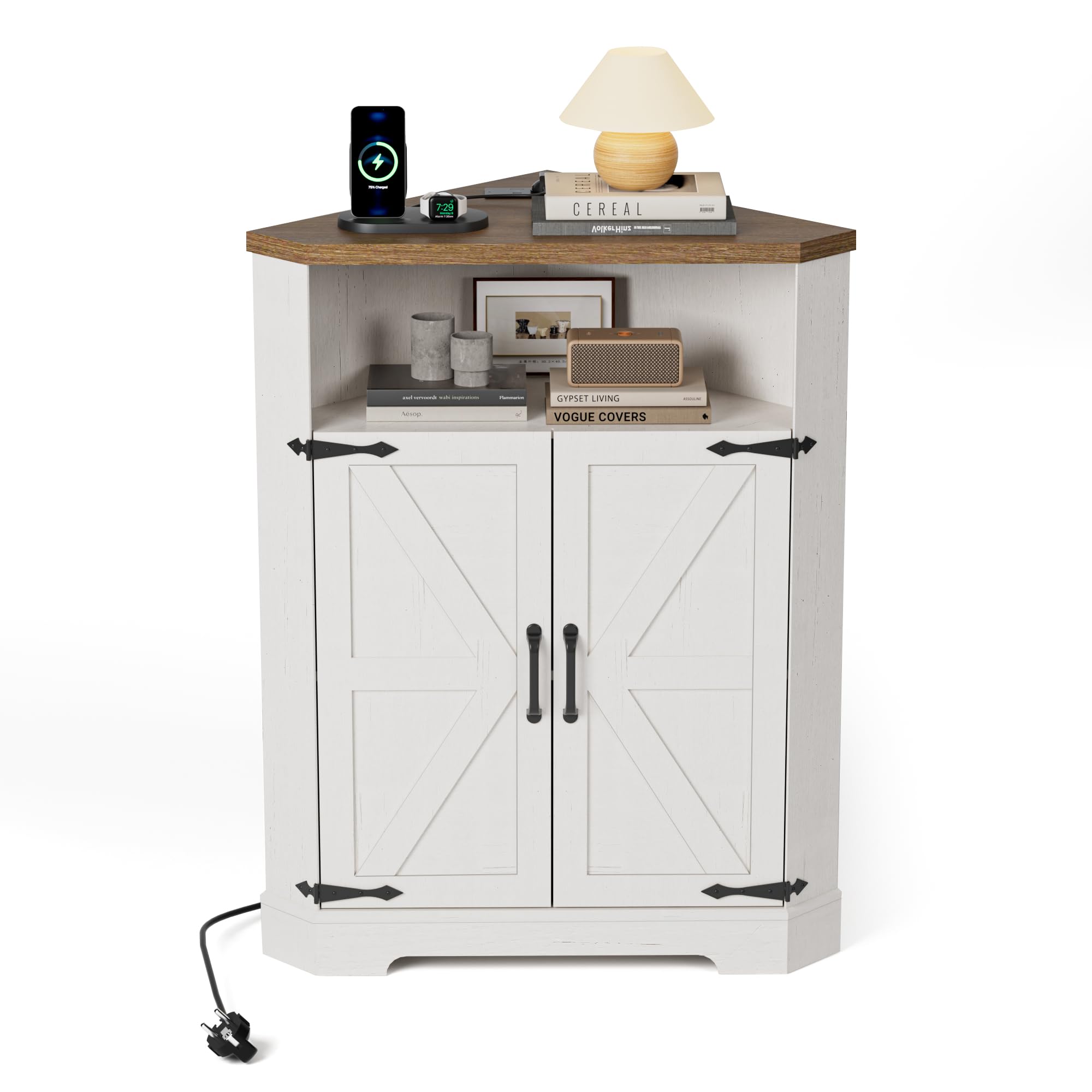 BonVache Eckschrank mit verstellbaren Fächern und offenem Stauraum, Schrank mit Steckdose, geeignet als Aufbewahrungsschrank für Wohnzimmer, Flur und Badezimmer, Weiß