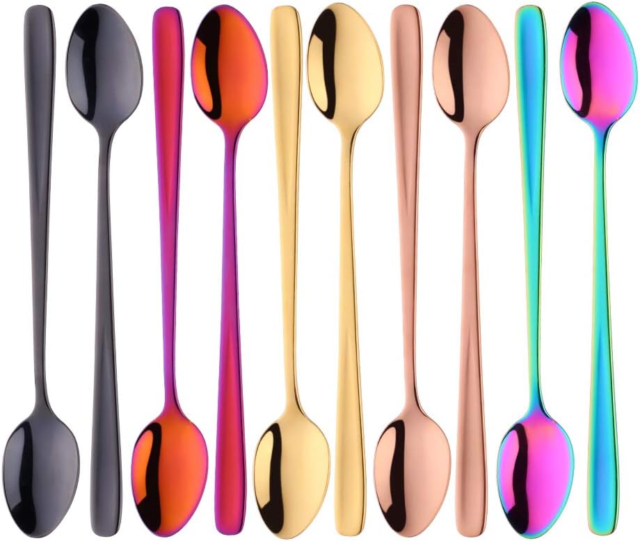 BISDARUN Latte Spoons 18/10 Stainless Steel Long Handle Dessert Spoon Sundae Spoon Set of 10(5 Color) Cappuccino Spoons Coffee Teaspoon 20 CM/7.9 Inch