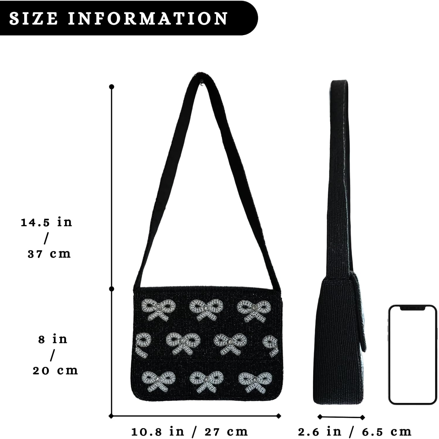 Elegant Black Beaded Shoulder Bag with Bow Accents, Chic Formal & Casual Occasions, Lightweight & Durable (Bow Elegance) - Image 6