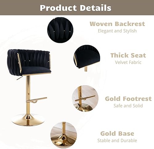 Miniatura 13 de HEAH-YO Juego de 2 taburetes de bar giratorios, taburetes de bar ajustables de altura de mostrador con respaldos tejidos y base dorada estable,