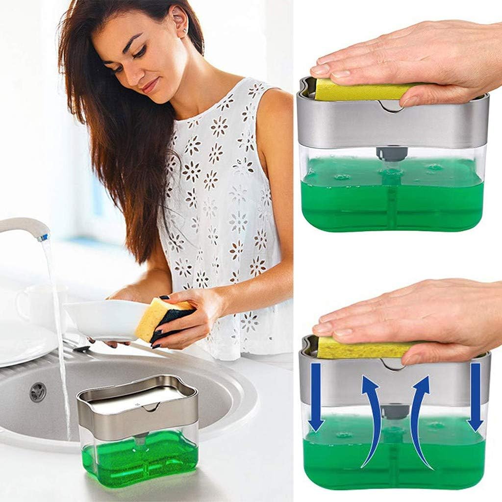 2-in-1Sponge Rack Soap Dispenser,Soap Dispenser and Sponge Caddy, Soap Pump Dispenser,Sponge Holder Kitchen Sink Countertop Liquid Soap Dispenser (Silver, 1pcs)